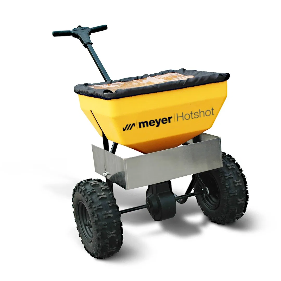 38170 – MEYER PROD Salt Spreader, Walk-Behind 70 Pound Hopper Capacity 12 Foot Spread Pattern Carbon Steel Frame